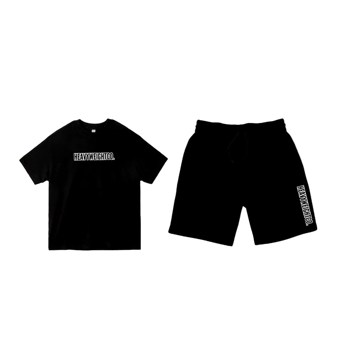 Black t-shirt and shorts set with 'HEAVYWEIGHTS' branding on a white background